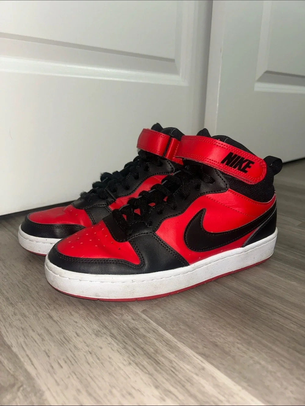 Nike Kids Red and Black High-Top Sneakers with Strap